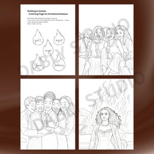 May include: A black and white coloring page titled "Waiting to Exhale - Coloring Page for Emotional Release." The page includes illustrations of flames labeled with emotions, and images of women. The flames are labeled with the words: guilt, regret, anger, fear, and jealousy.