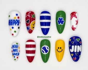 Happy by Jin - Kpop Press Ons, BTS Press On Nails, Handmade, Colorful Nail Art