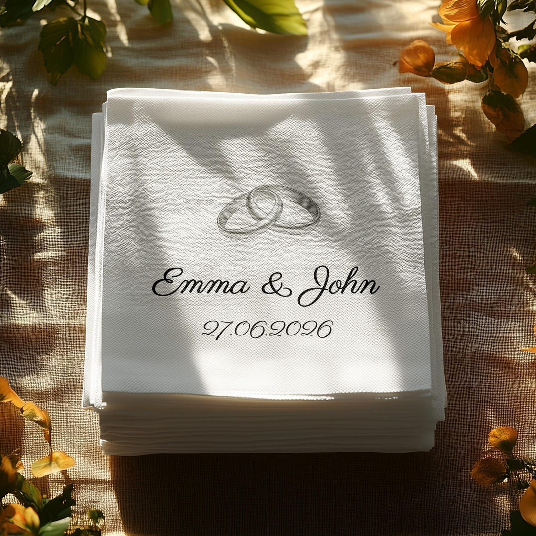 Personalized Wedding Napkin: Rings Design, Names and Date, Custom ...