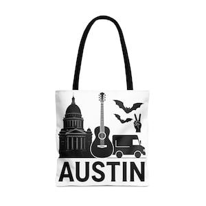 Austin Tote Bag, Capital Building, Guitar, Bats, City Souvenir, Travel Gift, Texas Art, Musician, Peace Sign, Road Trip, Gift Idea