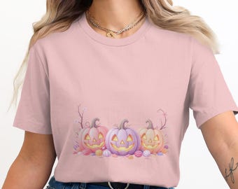 Pastel Halloween T-shirt: Pink Pumpkins & Floral Spooky Halloween