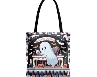 Spooky Ghost Manicure Halloween Tote Bag: Gothic Bat Design