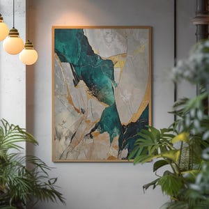 Emerald Green Marble Wall Art Printable | Gold & Ivory Digital Poster, Premium Textured Abstract Decor