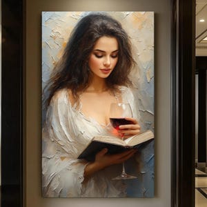 Abstract digital wall art poster, woman with book and glass of wine. Art print, gift or decoration for living room, bedroom, office