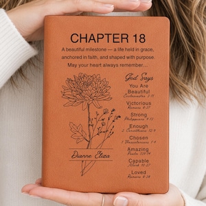 May include: A brown leather journal with the text "CHAPTER 18" and inspirational quotes. The journal features a floral illustration and the name "Dianne Eliza". The text "God Says" is also visible.