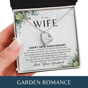 34th Anniversary Necklace Gift for Wife – 34 Year Wedding Anniversary – Forever Love Necklace with Custom Message Card Garden Romance