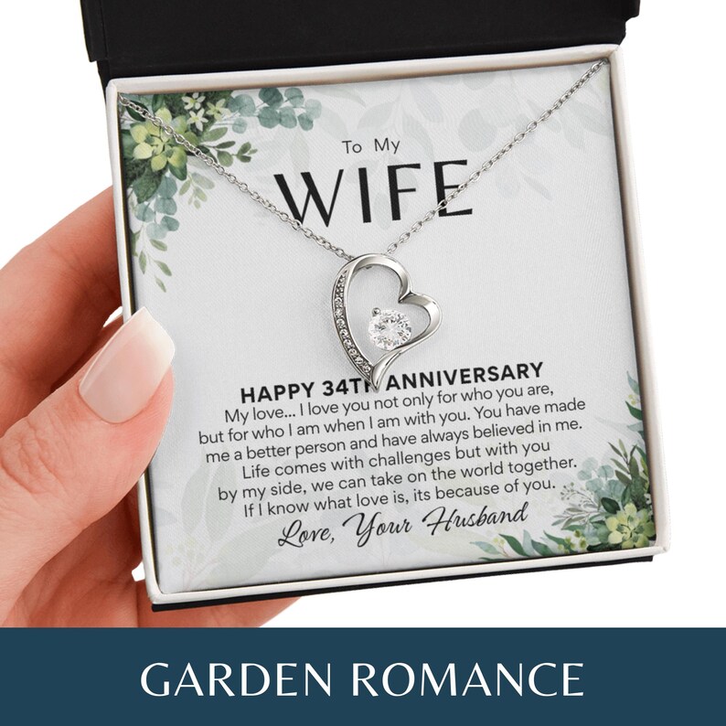 34th Anniversary Necklace Gift for Wife – 34 Year Wedding Anniversary – Forever Love Necklace with Custom Message Card Garden Romance