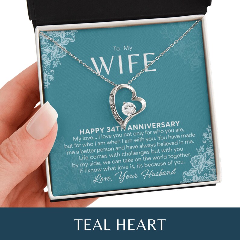 34th Anniversary Necklace Gift for Wife – 34 Year Wedding Anniversary – Forever Love Necklace with Custom Message Card Teal Heart