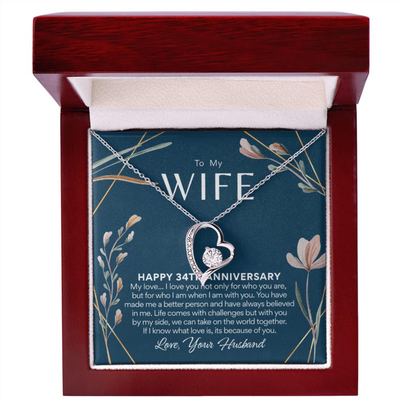 34th Anniversary Necklace Gift for Wife – 34 Year Wedding Anniversary – Forever Love Necklace with Custom Message Card image 7