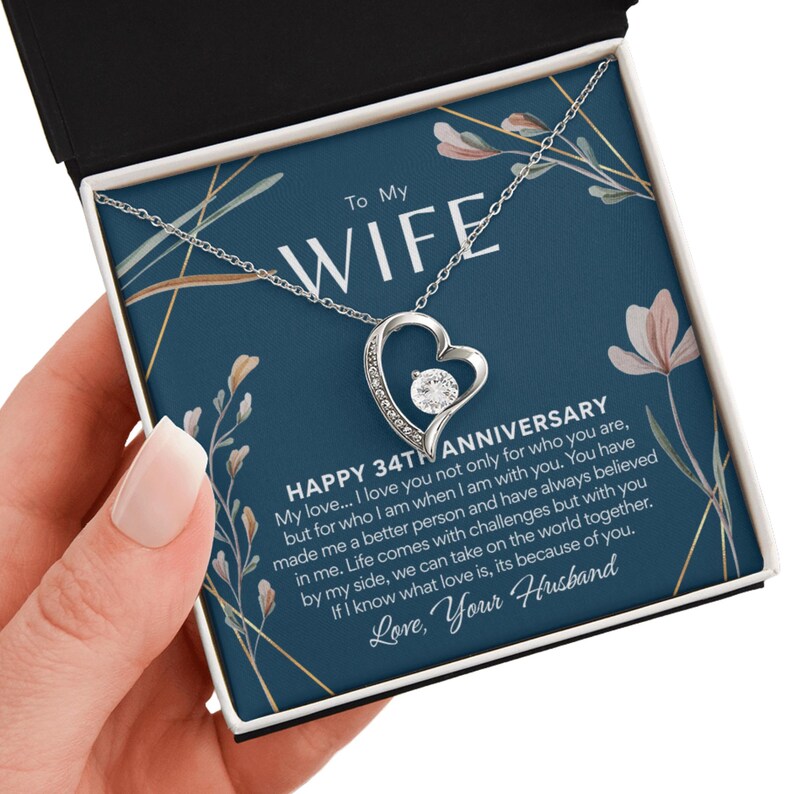 34th Anniversary Necklace Gift for Wife – 34 Year Wedding Anniversary – Forever Love Necklace with Custom Message Card image 6