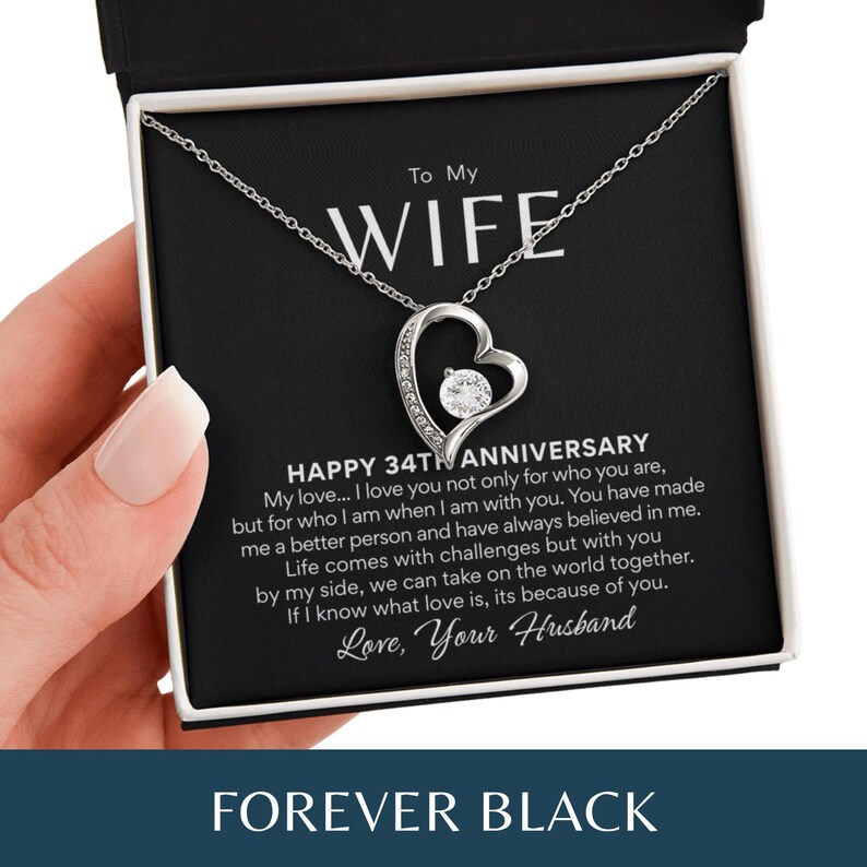 34th Anniversary Necklace Gift for Wife – 34 Year Wedding Anniversary – Forever Love Necklace with Custom Message Card Forever Black