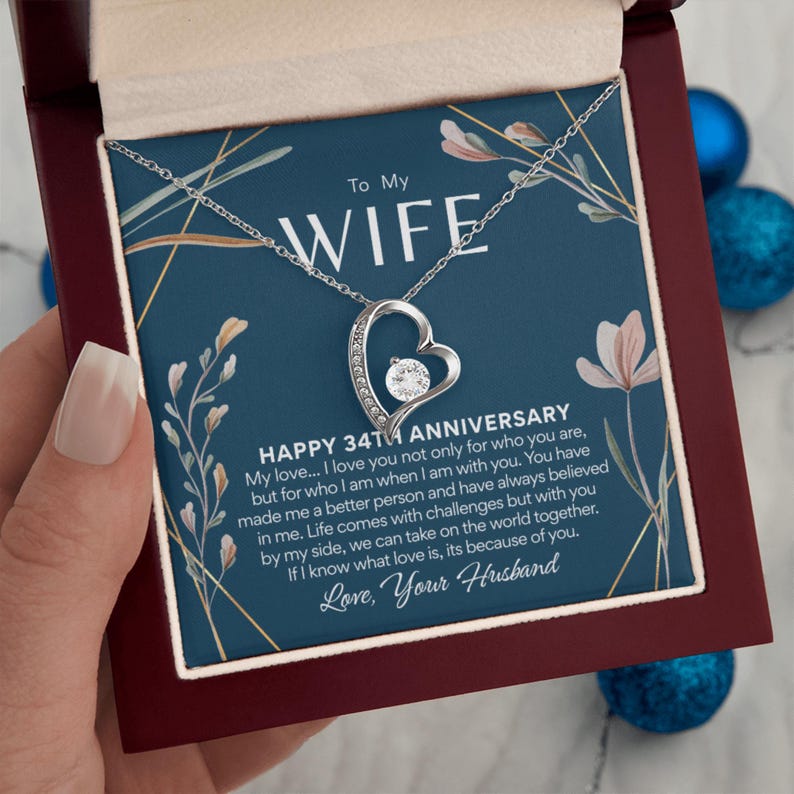 34th Anniversary Necklace Gift for Wife – 34 Year Wedding Anniversary – Forever Love Necklace with Custom Message Card image 8