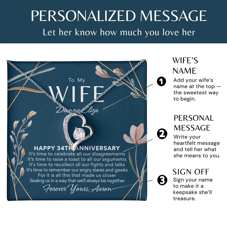 34th Anniversary Necklace Gift for Wife – 34 Year Wedding Anniversary – Forever Love Necklace with Custom Message Card image 2