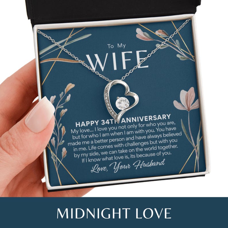 34th Anniversary Necklace Gift for Wife – 34 Year Wedding Anniversary – Forever Love Necklace with Custom Message Card Midnight Love