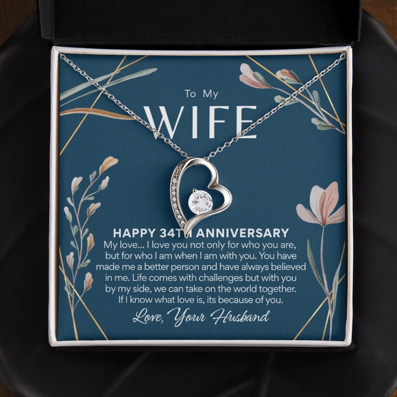 34th Anniversary Necklace Gift for Wife – 34 Year Wedding Anniversary – Forever Love Necklace with Custom Message Card image 1
