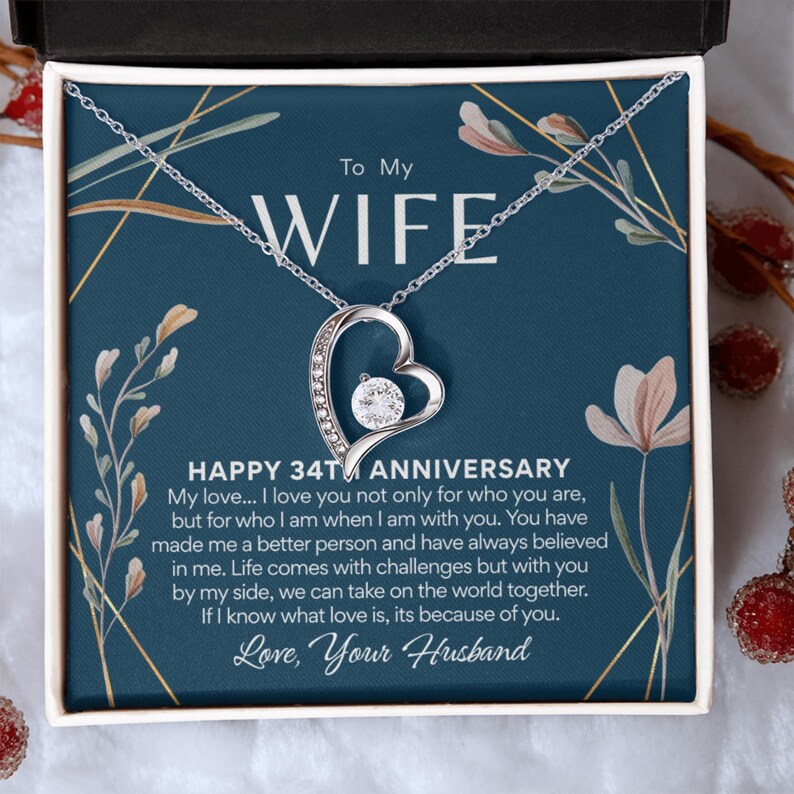 34th Anniversary Necklace Gift for Wife – 34 Year Wedding Anniversary – Forever Love Necklace with Custom Message Card image 5