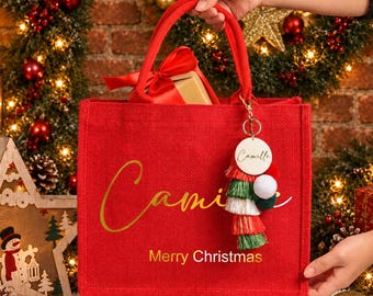 Custom Christmas Gift Bag & Charm: with Name ,Christmas Eve Gift Bags, Personalized Christmas Party Bags