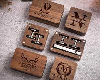 Personalized Engraved Initial Cufflinks & Tie Clip Set with Wooden Box, Groomsmen Gifts, Bachelor Party Gift, Wedding Favor