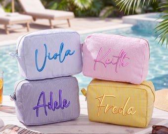 Personalized Embroidered Seersucker Toiletry Bag, Bridesmaid Gift, Travel Name Pouch, Team Gifts, Gift for Her