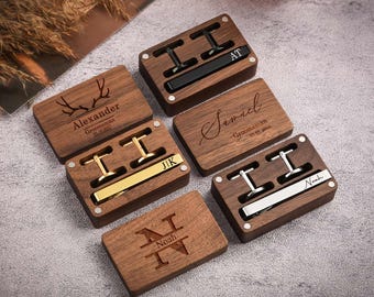Personalized Groomsmen Cufflinks & Tie Clip Set with Wooden Box, Wedding Favor, Best Man Gift