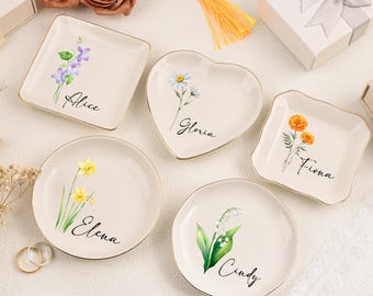 Personalized Birth Flower Trinket Dish, Custom Watercolor Ring Dish, Name Jewelry Dish, Bridesmaid Gift, Birthday & Christmas Gift for Her