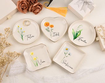 Custom Birth Flower Ring Dish with Name, Personalized Bridesmaid Gift, Wedding Favor, Bachelorette Party Favor,Birthday Party Favor