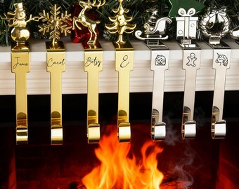 Metal Christmas Mantle Stocking Hook： Xmas Fireplace Hook, Gold hook, Fireplace hooks with customizable name & icon