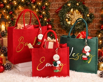 Personalized Red Burlap Christmas Gift Bag & Charm,Christmas Party Bag,Holiday Gift Bags,Christmas Eve Gift Bags,Red,green