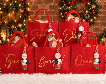 Personalized Christmas Gift Bag: Red Burlap, Christmas Party Bags