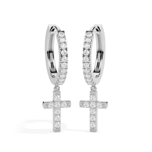 Diamond Cross Dangle Hoop Earrings – 14K/18K Gold | Lab Grown Diamonds