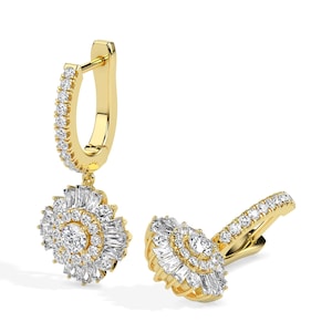 Floral Halo Drop Earrings – Lab Grown Diamonds | 14K/18K Gold | Round & Baguette Cut Dangle Hoops