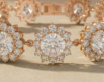 67.00tdw Round Cut Lab Grown Diamond Halo Bracelet, Floral Cluster Tennis Bracelet, Wedding Jewelry, Luxury Bridal Bracelet