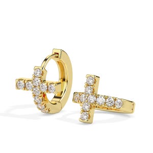 Diamond Cross Huggie Hoop Earrings – 14K/18K Gold | Lab Grown Diamonds