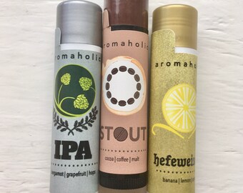 Craft Beer-flavored Lip Balms - beer lip balm trio - IPA lip balm, Stout, Hefeweizen lip balm - craft beer lip balms from Aromaholic