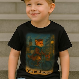 Fuchs auf Fahrrad Kinder T-Shirt, Warschau Kinder T-Shirt, Tier Shirt für Kleinkinder, Süßes Fuchs Grafik T-Shirt, Storybook Illustration Shirt, Whimsical