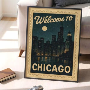 Póster imprimible de la ciudad de Chicago (descarga digital), impresión vintage con silueta nocturna, arte mural retro de la ciudad ventosa, decoración imprimible.