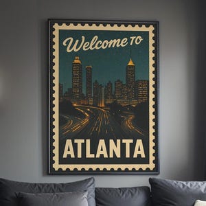 Póster imprimible de la ciudad de Atlanta (DESCARGA DIGITAL), arte del horizonte estilo sello vintage, decoración de pared retro de Georgia, regalo de viaje imprimible