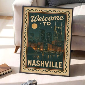 Póster de Nashville, póster de Nashville con descarga digital, sellos postales antiguos, impresión personalizable, sello retro de Nashville