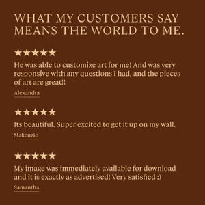 May include: A brown background with the text "WHAT MY CUSTOMERS SAY MEANS THE WORLD TO ME." and customer testimonials. The testimonials include star ratings and quotes from Alexandra, Makenzie, and Samantha.