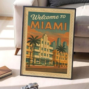 Willkommen in Miami DIGITAL DOWNLOAD, Ocean Drive City Poster, Ocean Drive Poster, druckbare Briefmarken Wandkunst, Vintage Florida Reisedruck