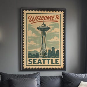 Póster de Seattle Skyline, póster imprimible de la ciudad (descarga digital), impresión estilo sello vintage, decoración de pared estilo Space Needle.