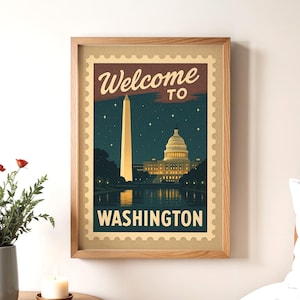 Willkommen in Washington DC Capstol Poster, Druckbares Stadtposter DIGITAL DOWNLOAD, Vintage Stamp Style Nacht Kunstdruck, Patriotische Wanddekoration