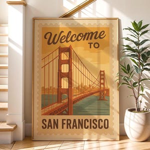 Póster imprimible de la ciudad de San Francisco (DESCARGA DIGITAL), impresión de Golden Gate estilo sello vintage, arte mural de viaje a California