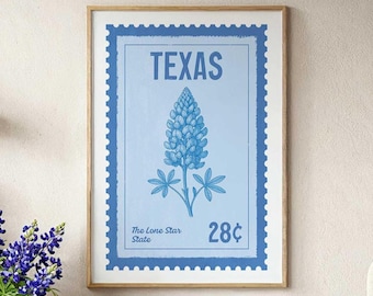 Texas Travel Poster: Bluebonnet Flower Vintage Stamp Style Wall Art (Digital Download)