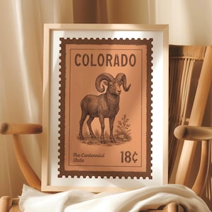 Colorado Bighorn Sheep DIGITAL DOWNLOAD, Centennial State Animal Art Print, Vintage Stamp Style Wall Decor, Western Wildlife Poster