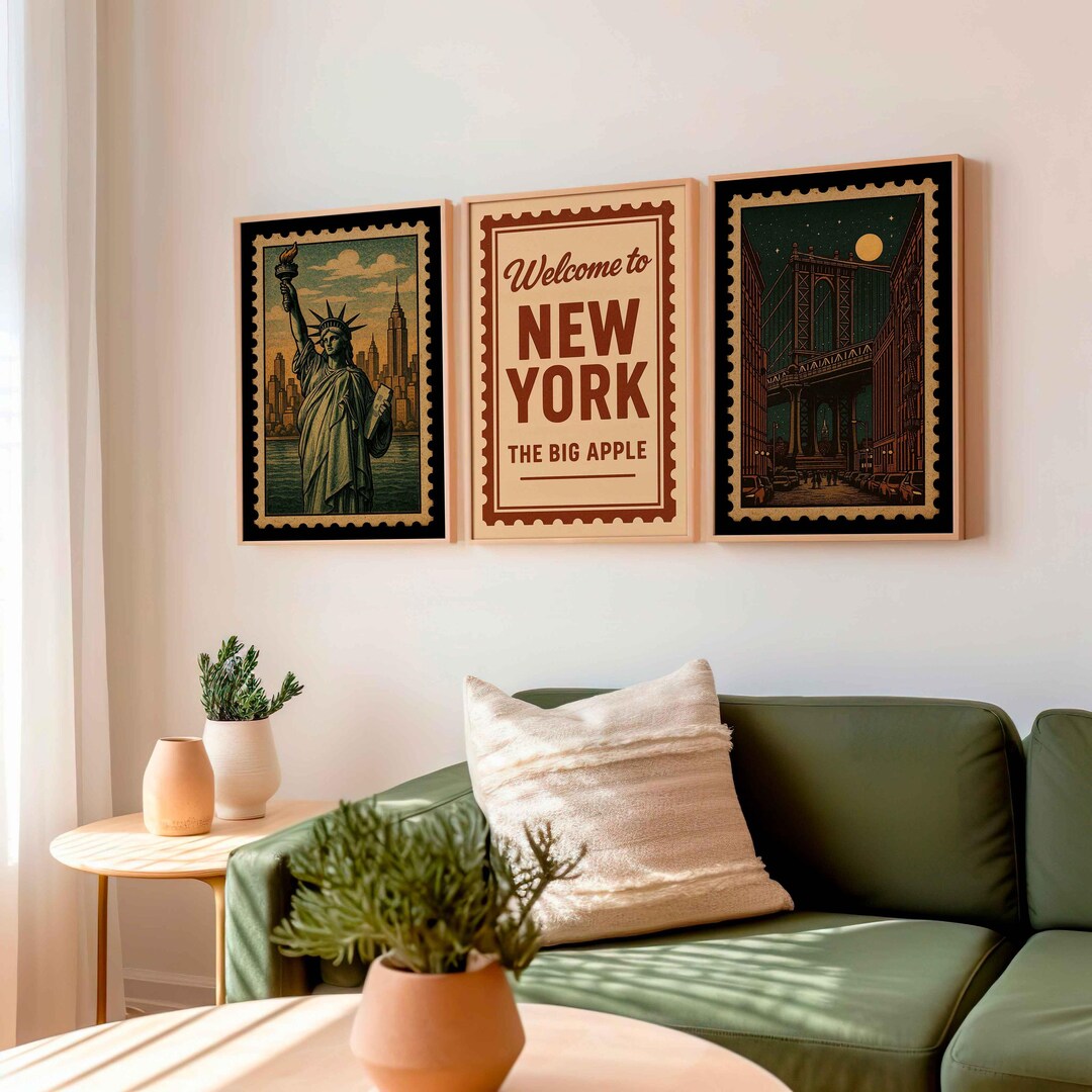 New York City Travel Poster: Set of 3 Vintage Stamp Wall Art (digital ...