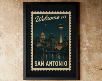San Antonio Travel Poster: City Skyline Stamp Wall Art (Digital Download)