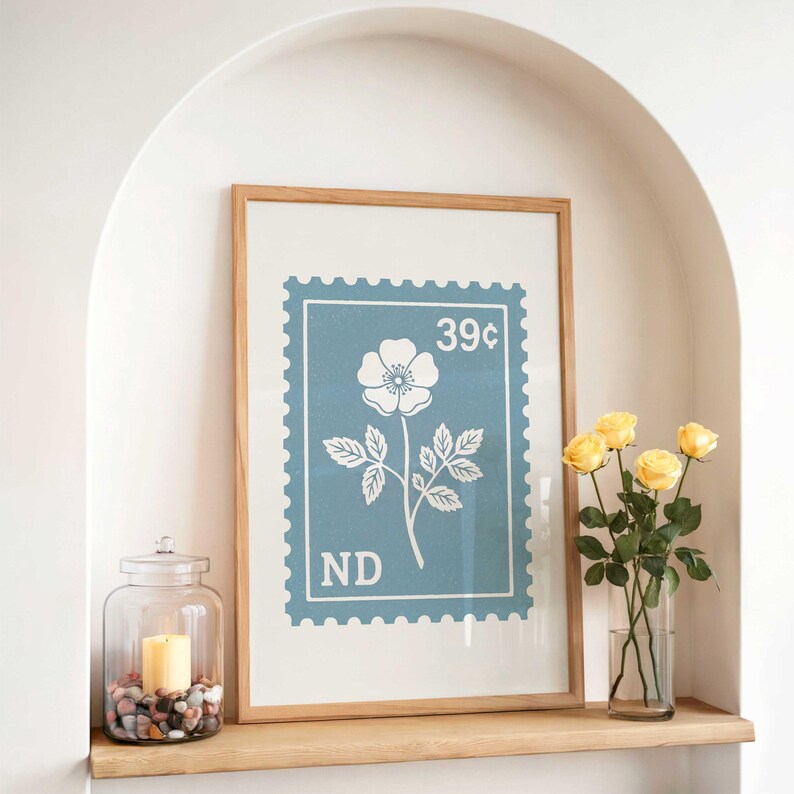 North Dakota State Flower Poster, Wild Prairie Rose Botanical Stamp Art ...