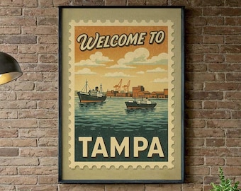 Póster turístico de Tampa, Florida: Arte mural estilo sello vintage del puerto de Tampa (descarga digital)