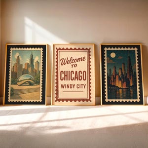 Set of 3 Chicago Poster DIGITAL DOWNLOAD, Vintage Stamp Art, Windy City Skyline Printable, Urban Retro Wall Art, Night and Day City Print